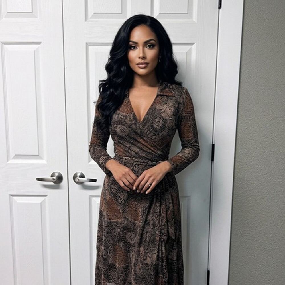 Studio 1940 Autumn Brown Faux Wrap Midi Dress NWT Size 6 Geometric Lace Print